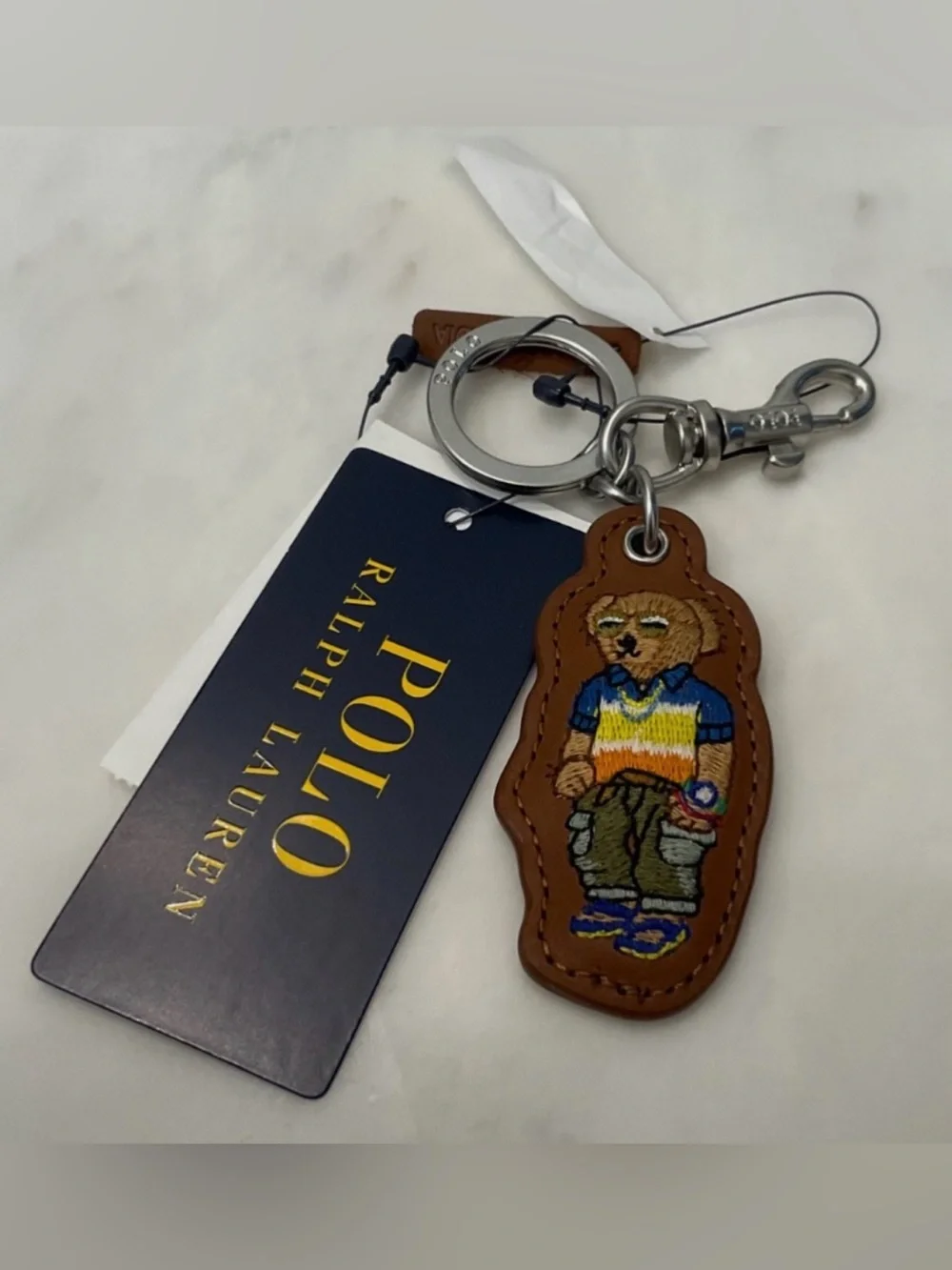 NEW Polo Ralph Lauren BEACH SHOP BEAR - LEATHER Key Ring Keychain - TAN